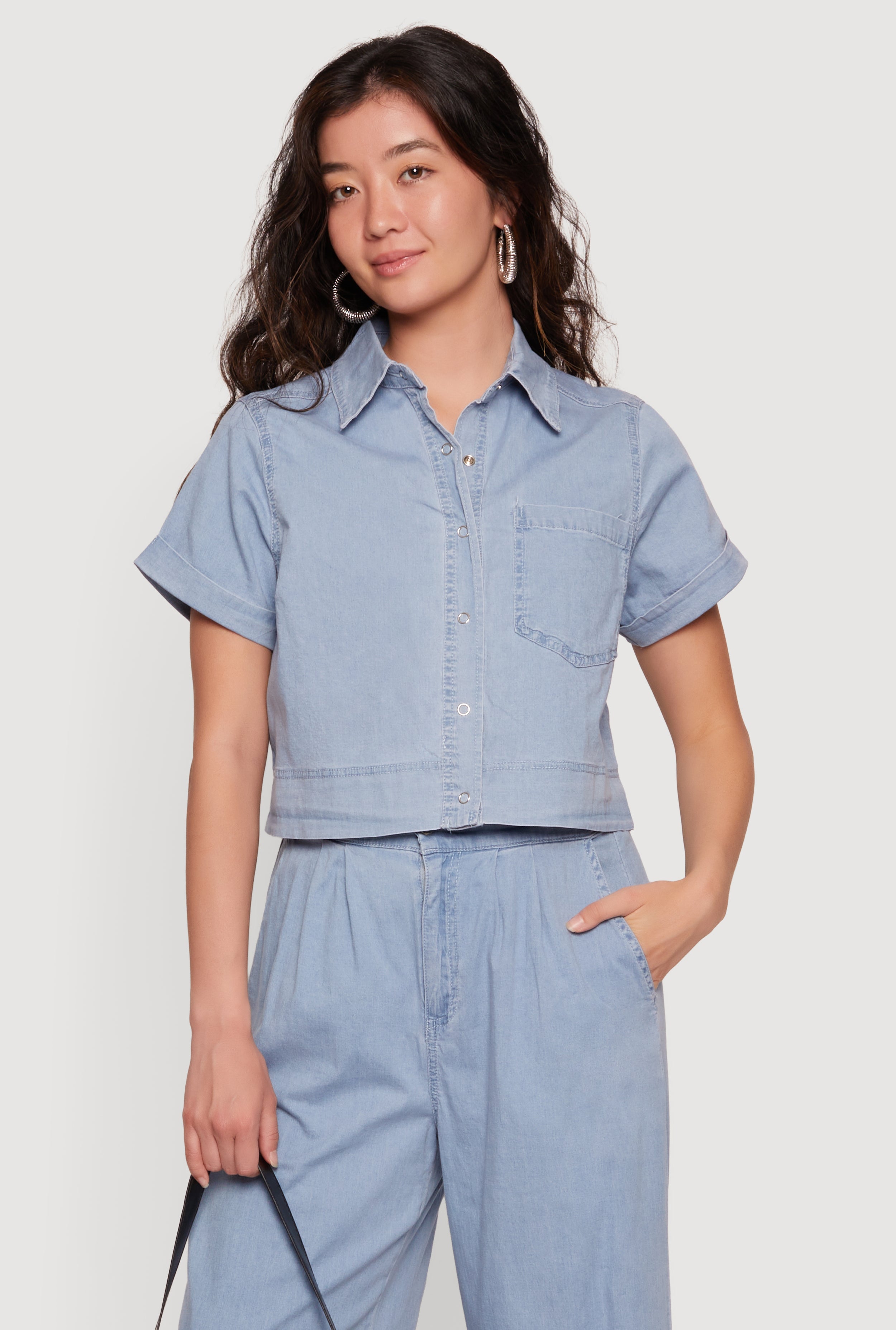 Chambray Cropped Snap Button Front Shirt