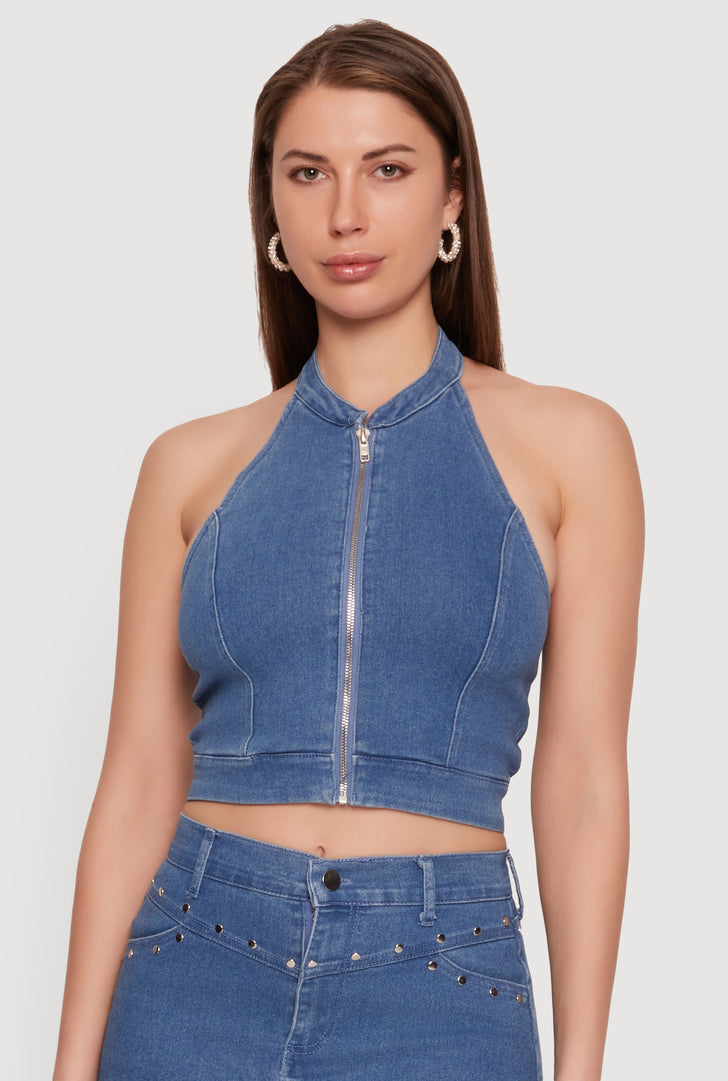 Denim Halter Neck Zip Front Crop Top