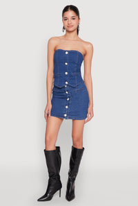 Faux Pearl Button Front Denim Skirt