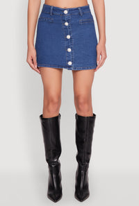 Faux Pearl Button Front Denim Skirt