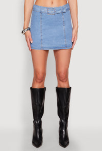 Zip Back Belted Front Denim Mini Skirt