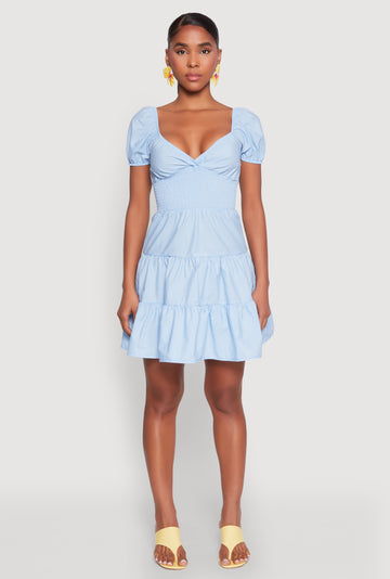 Puff Sleeve Sweetheart Tiered Mini Dress