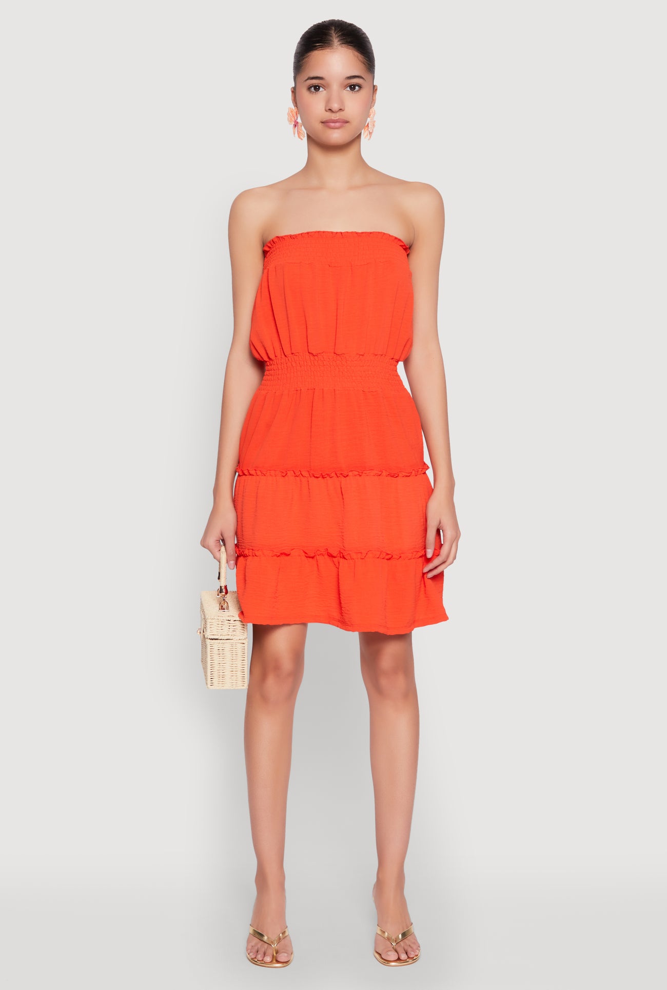 orange tiered mini dress Strapless Smocked Tiered Mini Dress