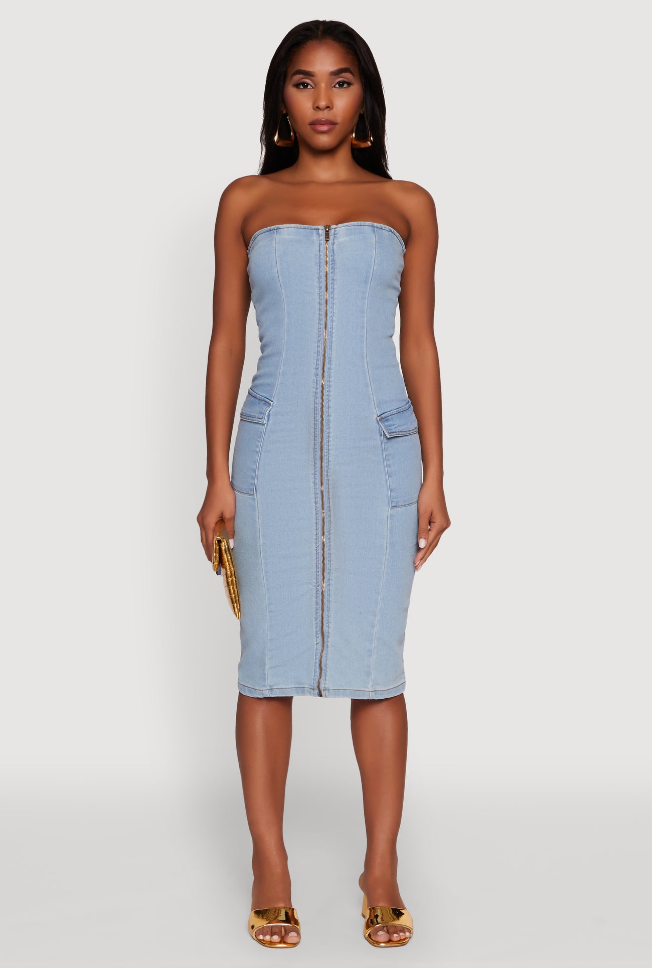 Zip Front Denim Bodycon Dress Chic Zip Front Cargo Denim Tube Dress Zip Front Denim Bodycon Dress Chic Zip Front Cargo Denim Tube Dress