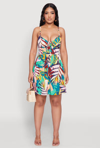 Color Block Leaf Print Tie Front Mini Dress