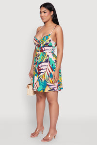 Color Block Leaf Print Tie Front Mini Dress