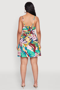 Color Block Leaf Print Tie Front Mini Dress
