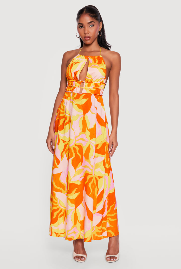 open lace back dress Aylaya Orange Multi Ornate Medallion Print Halter Neck Midi Dress main image 1