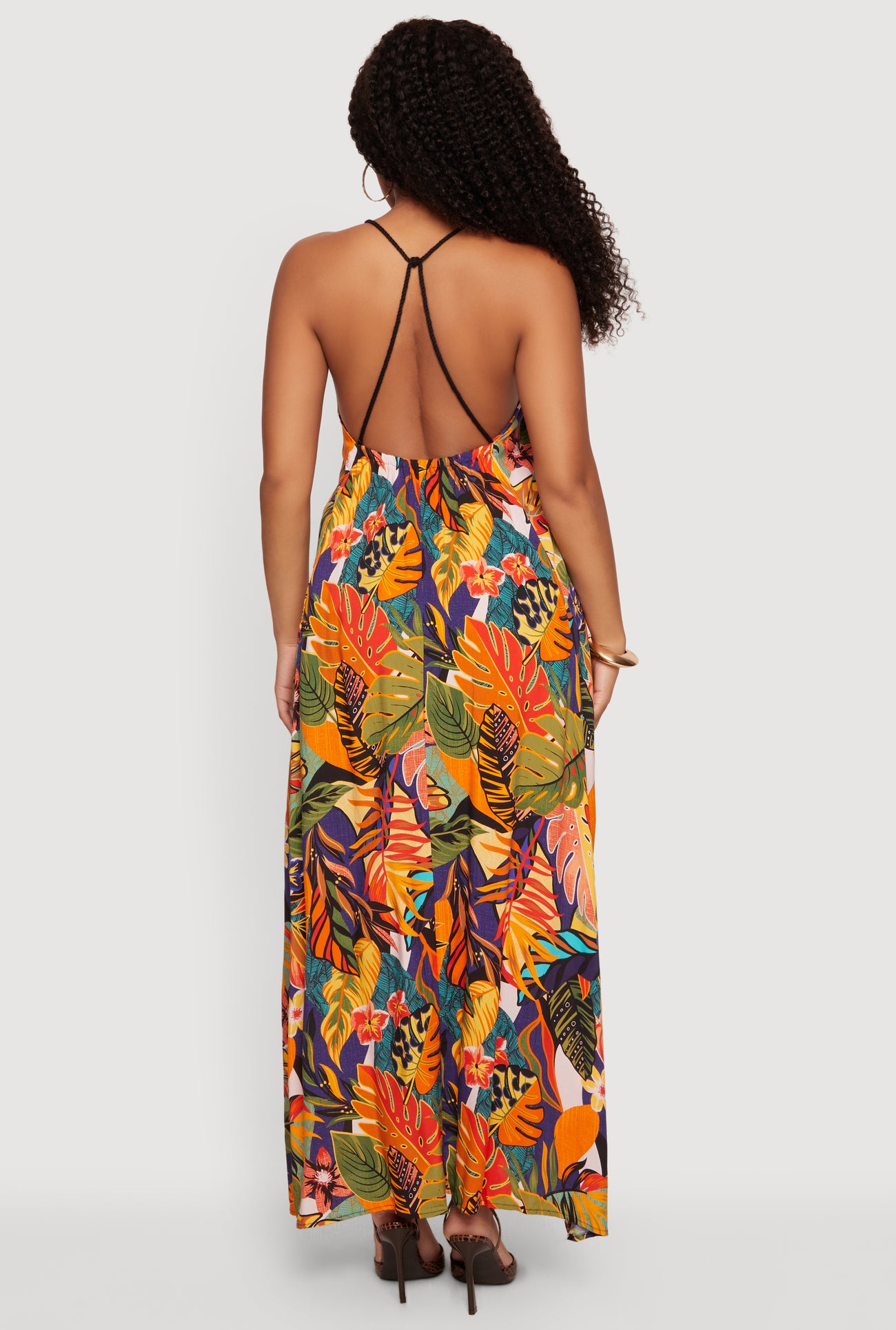 Tropical Leaf Print Sleeveless Maxi Dress