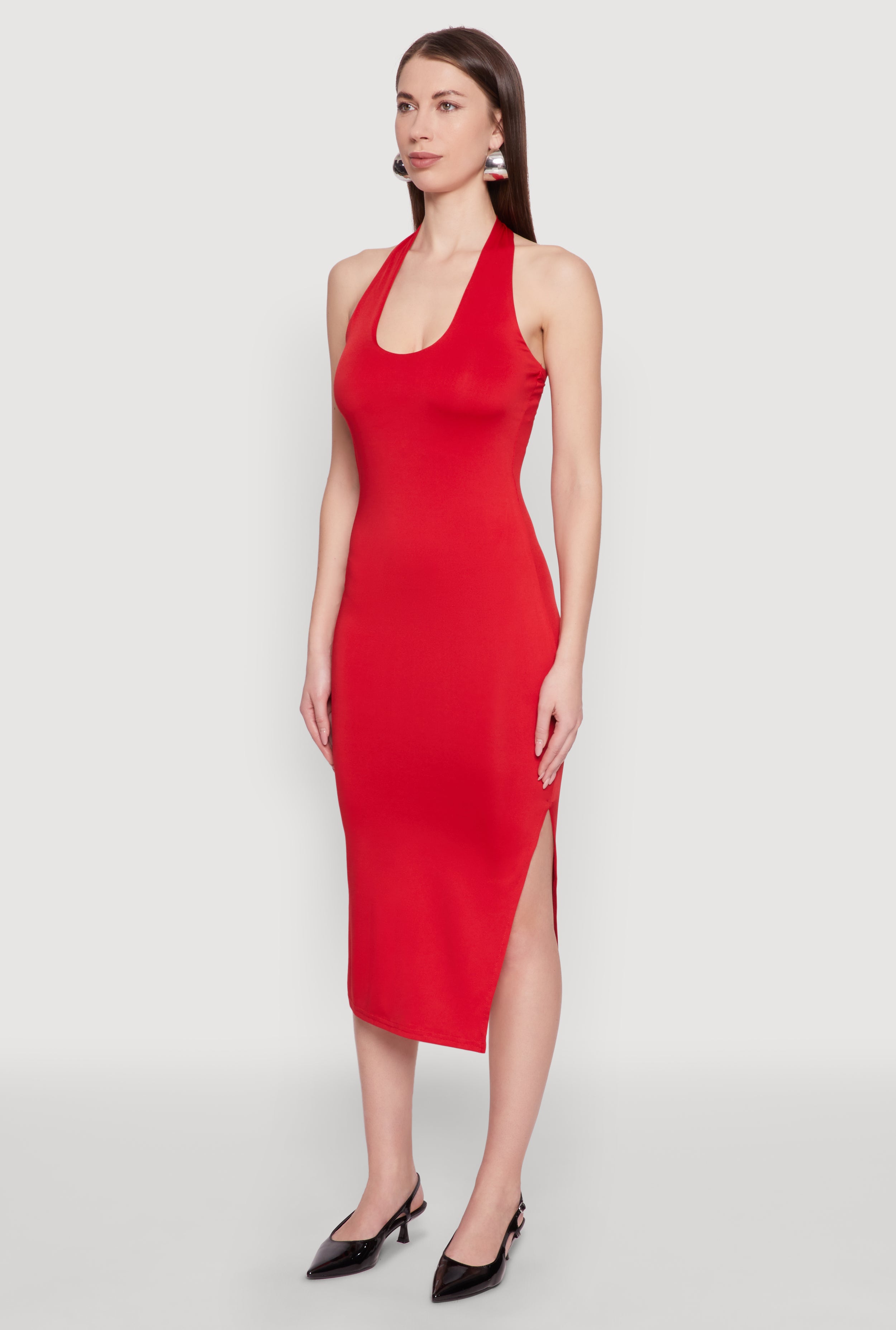 Side Slit Halter Neck Midi Dress