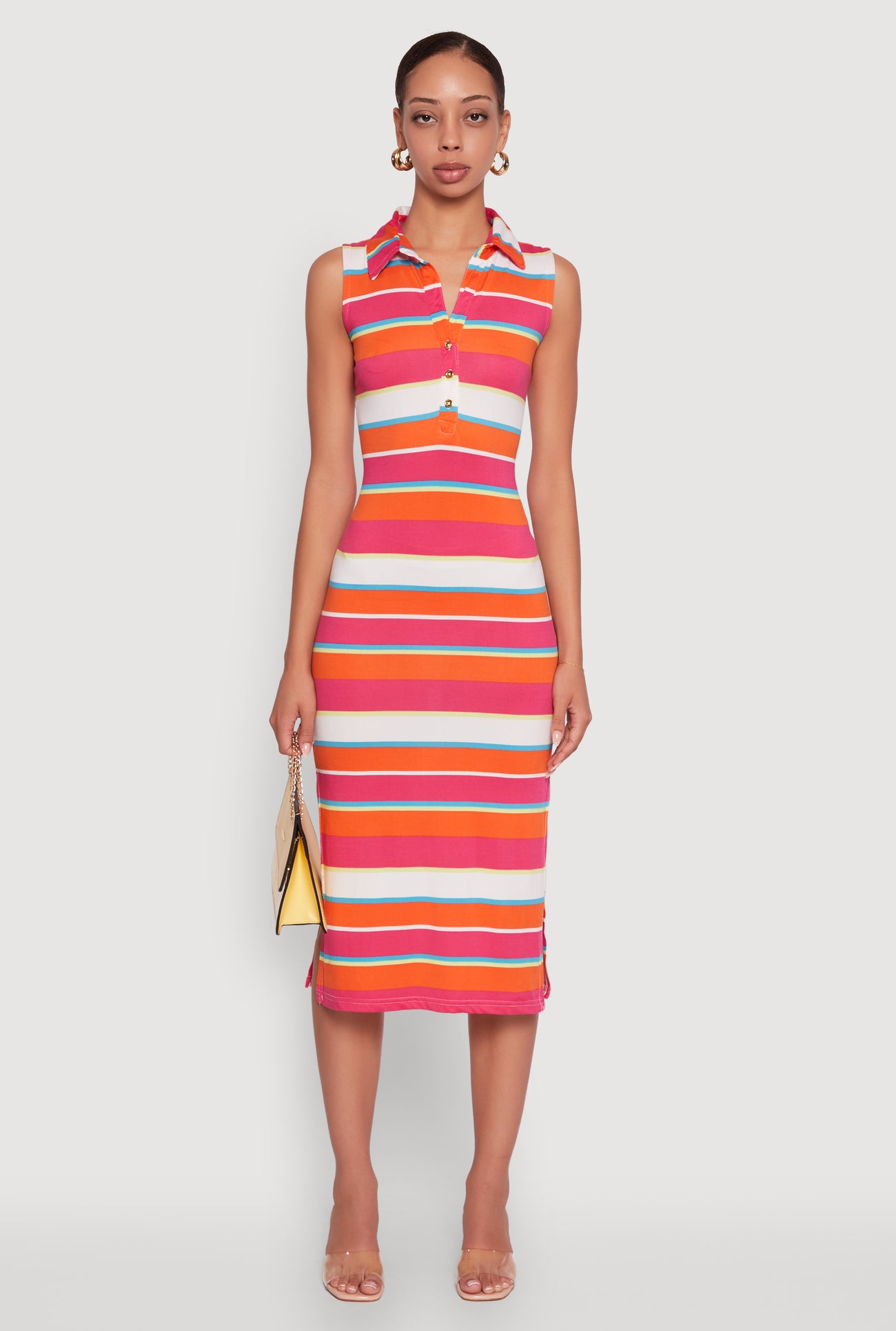 Striped Sleeveless Side Slit Shirt Dress