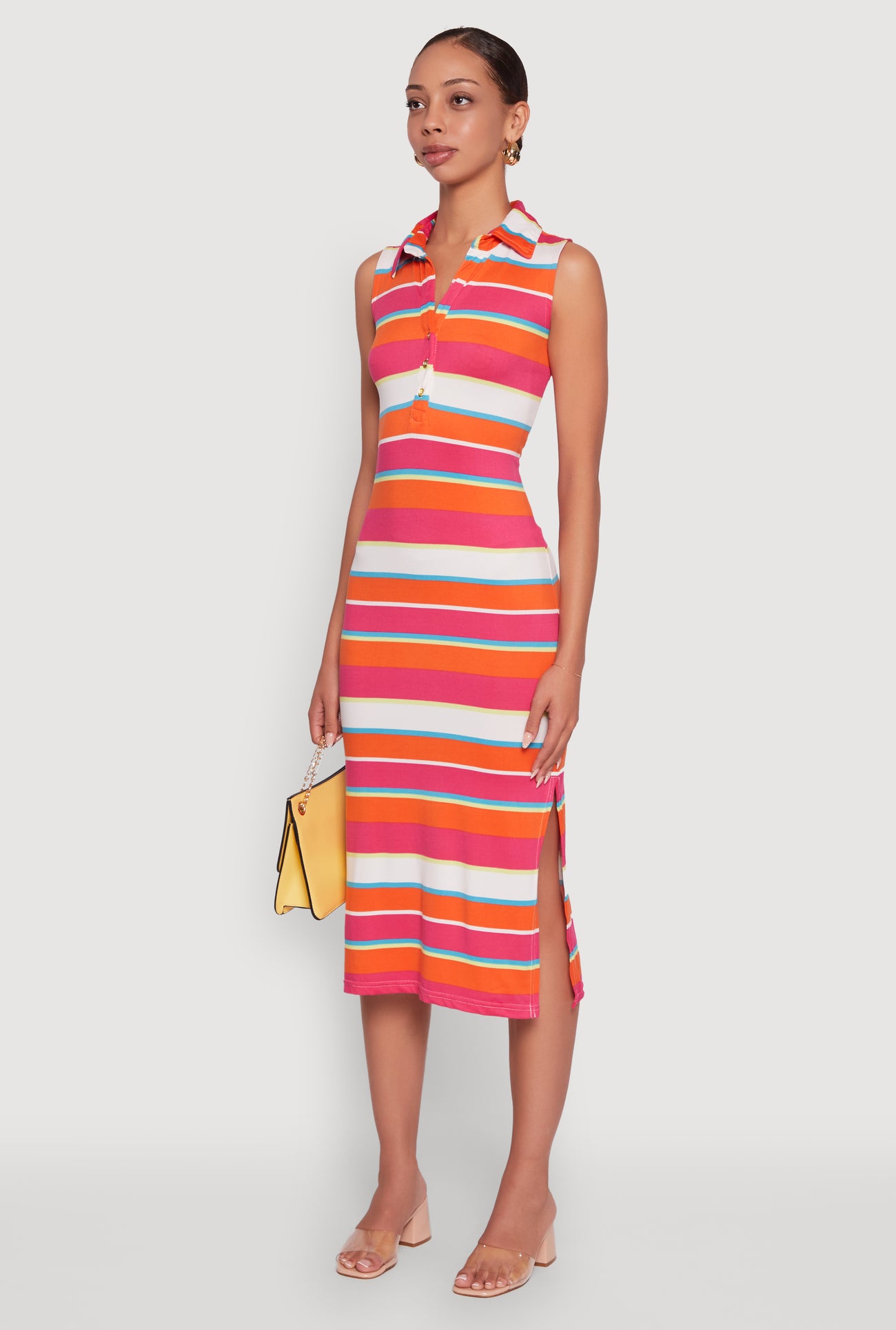 Striped Sleeveless Side Slit Shirt Dress