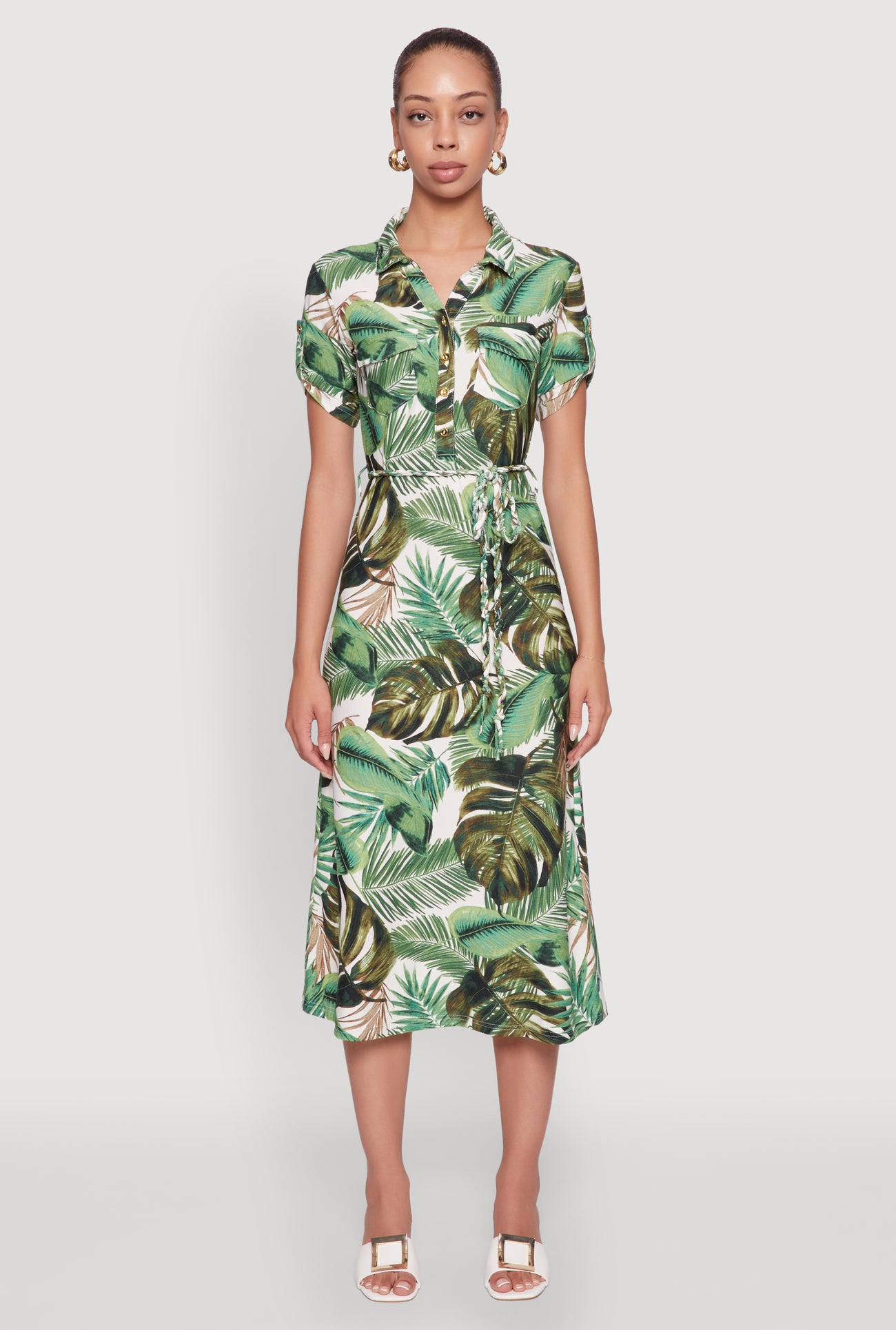 Tropical Leaf Tie Waist Belted Half Button Front Shirt Dress
