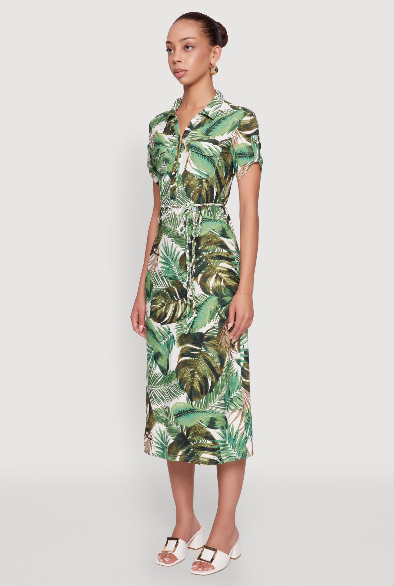 Tropical Leaf Tie Waist Belted Half Button Front Shirt Dress