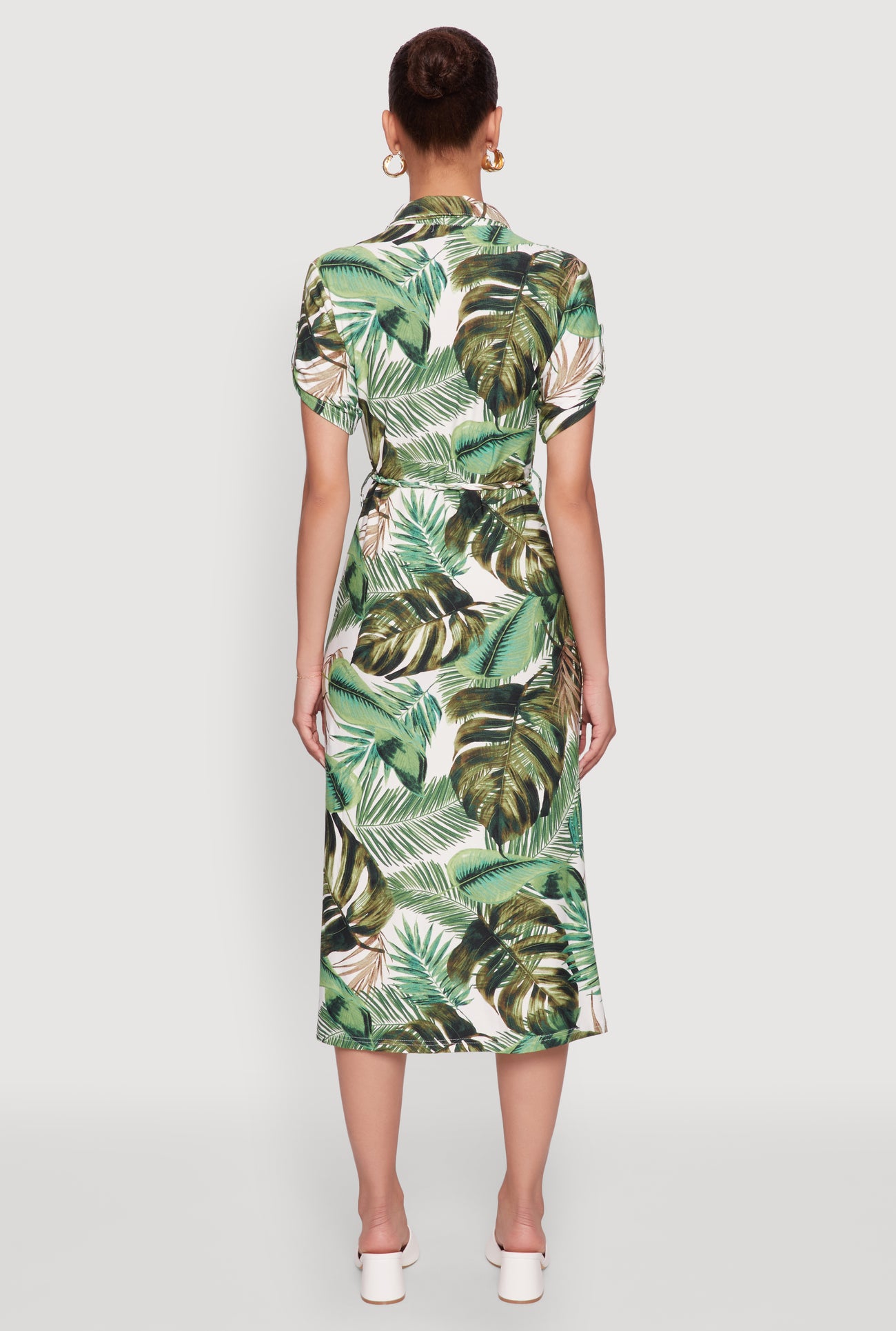 Tropical Leaf Tie Waist Belted Half Button Front Shirt Dress