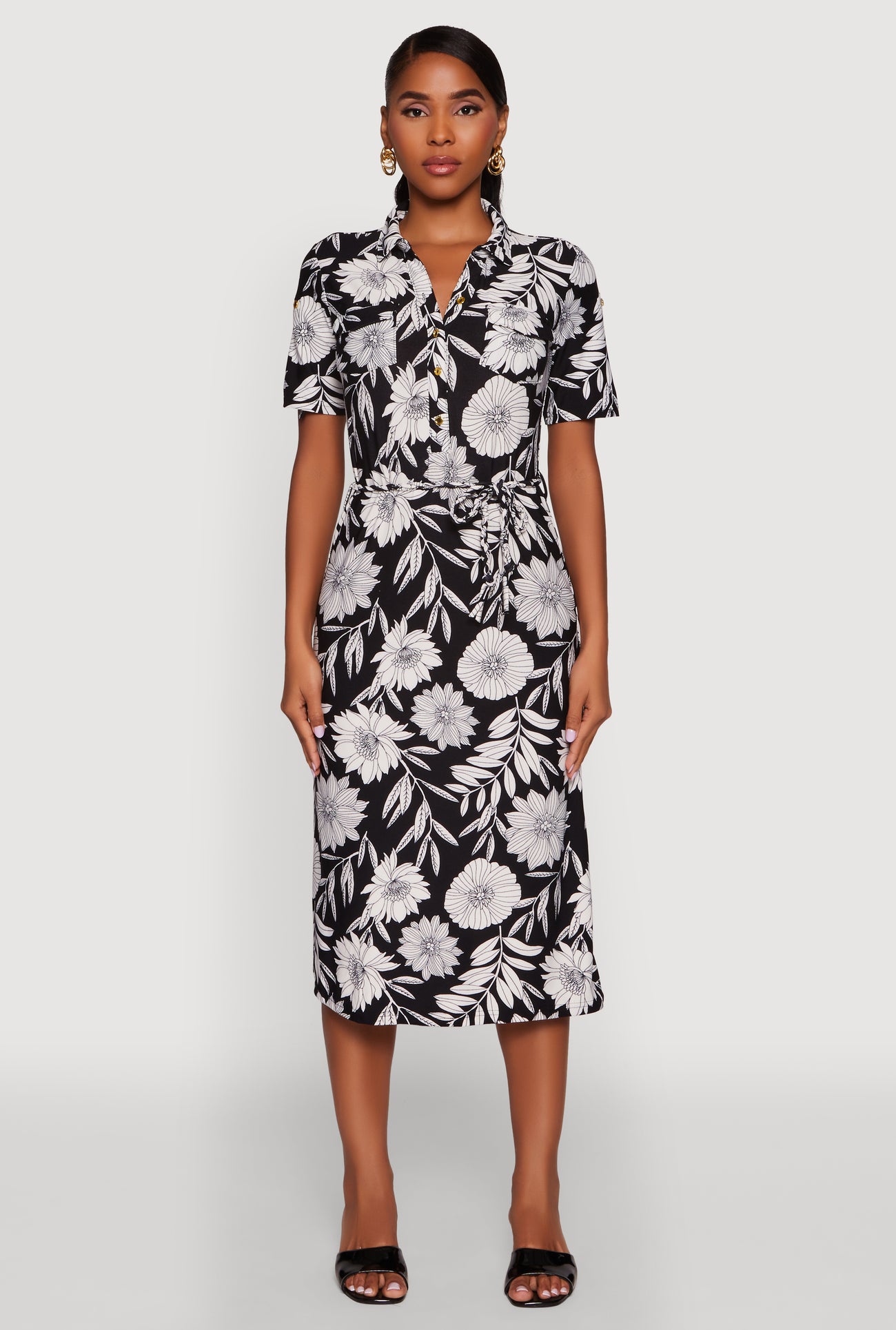 Ladies Dresses Floral Tie Waist Shirtdress Floral Tie Waist Midi