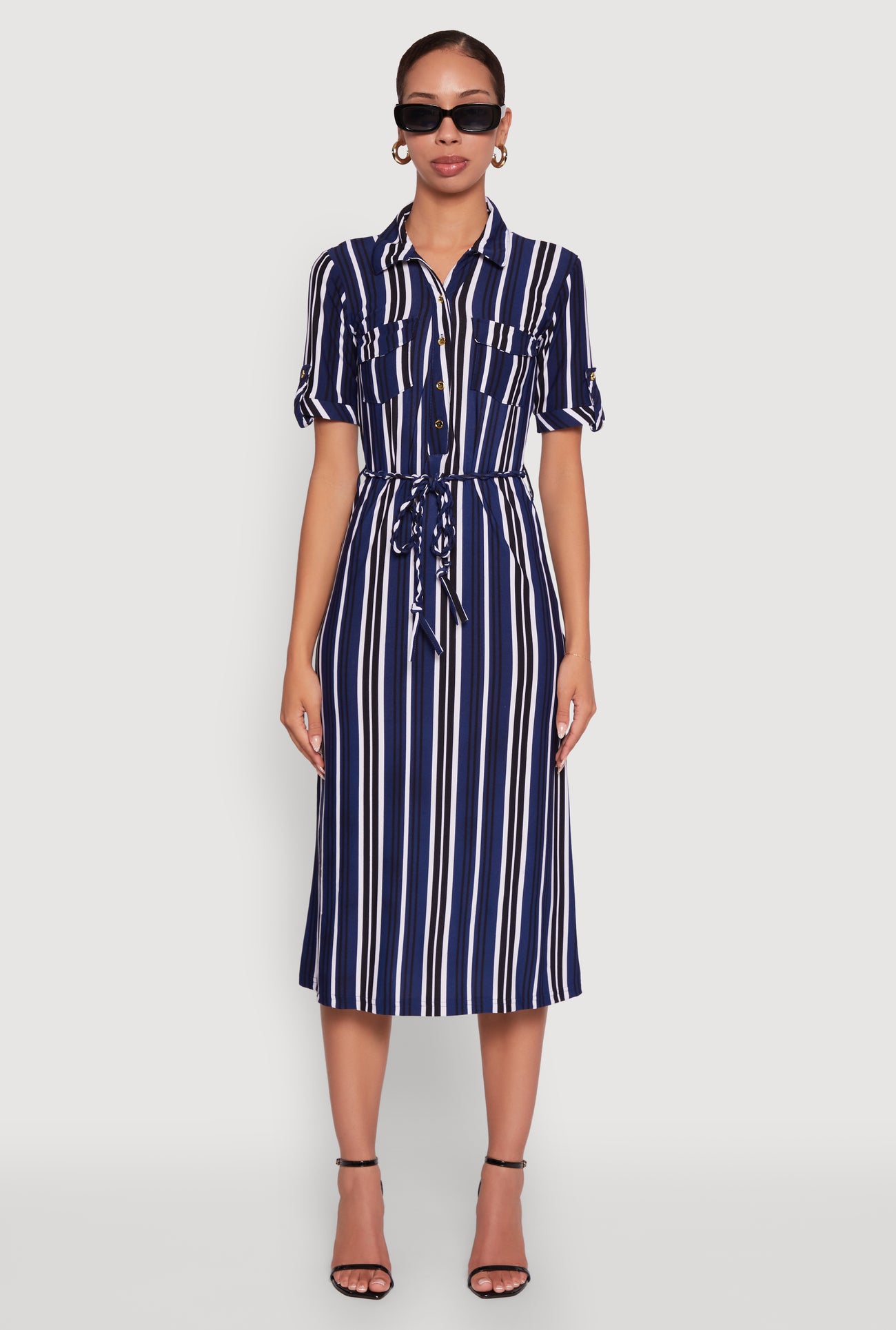 Trendy Half Button Tie Waist Striped Midi Shirt Dress