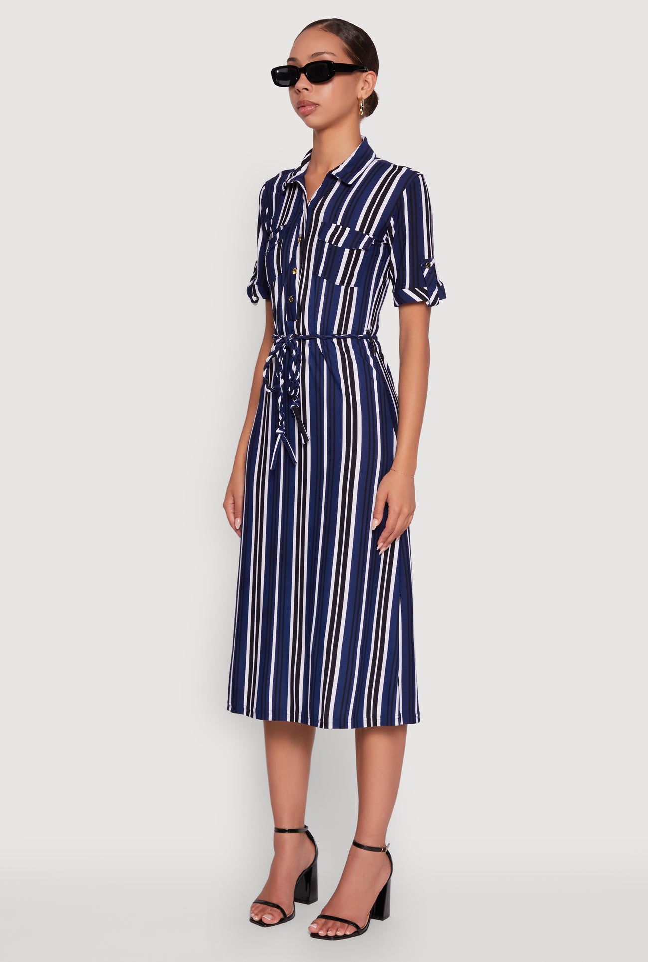 Trendy Half Button Tie Waist Striped Midi Shirt Dress