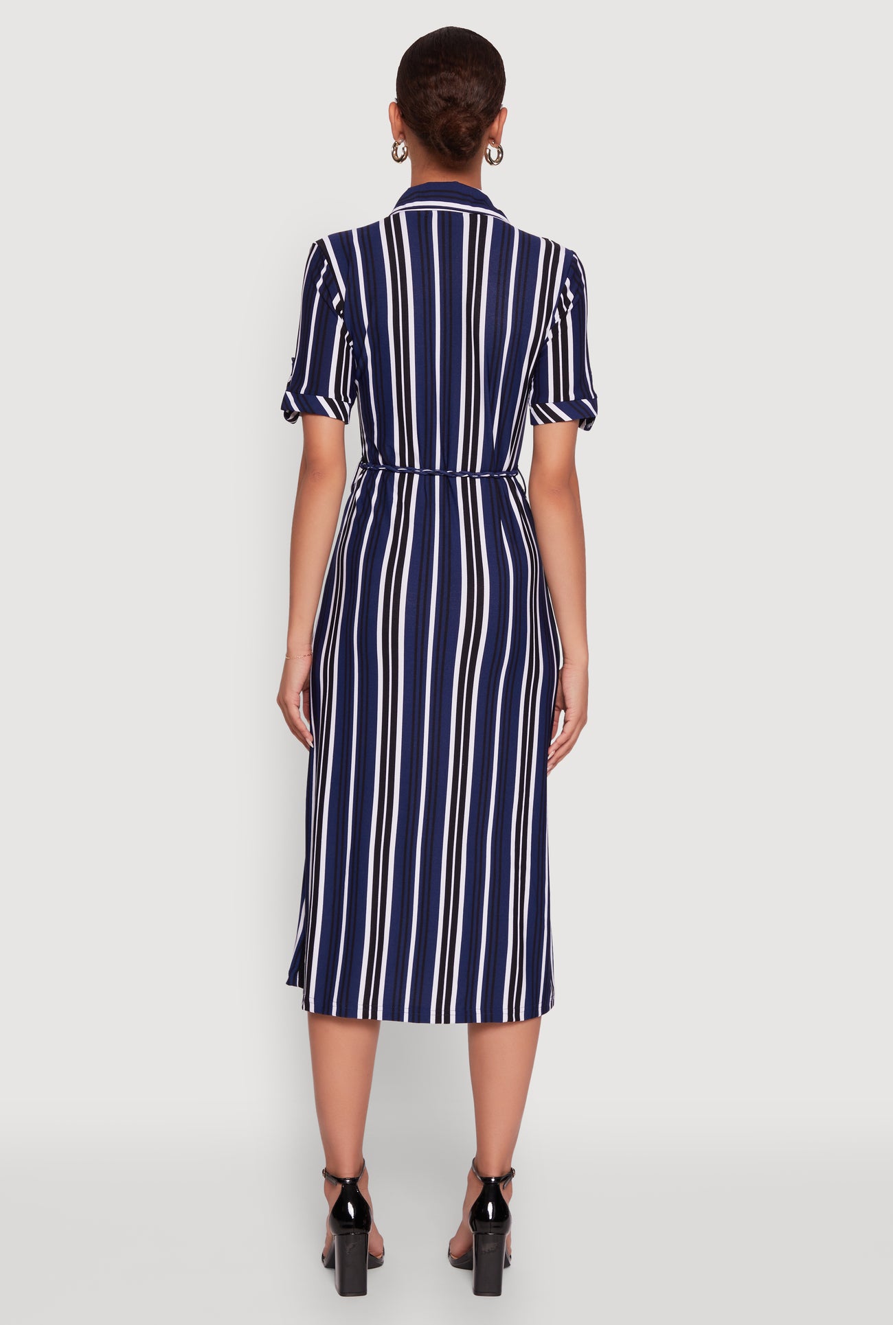 Trendy Half Button Tie Waist Striped Midi Shirt Dress