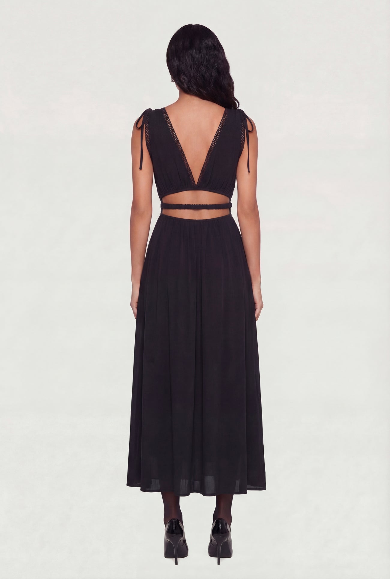 Crepe Knit Plunge Neck Drawstring Tie Shoulder Maxi Dress