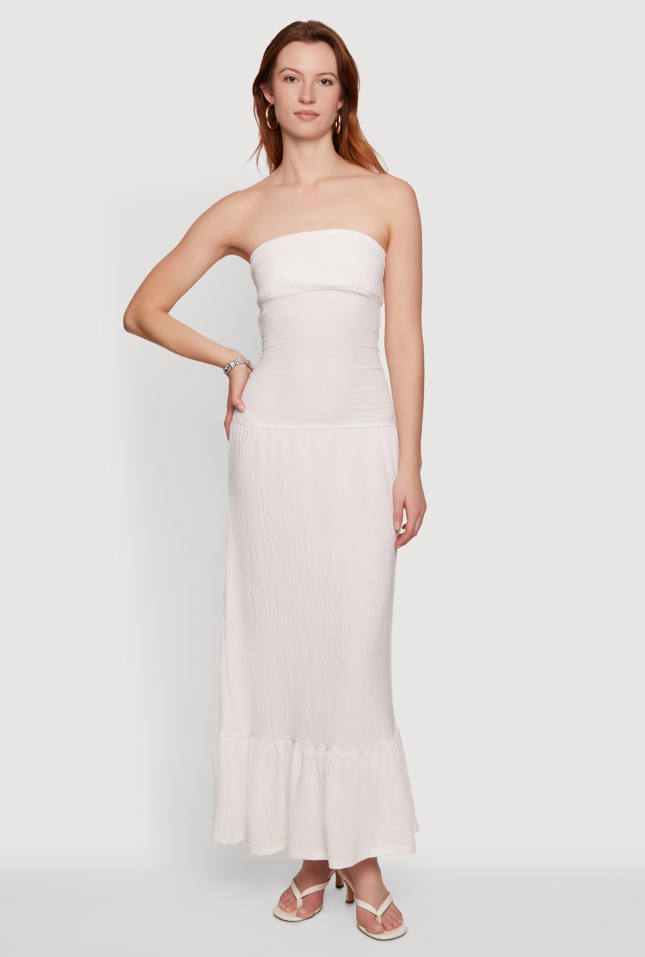 white tube long dress Ruched Side Ruffle Hem Maxi Tube Dress