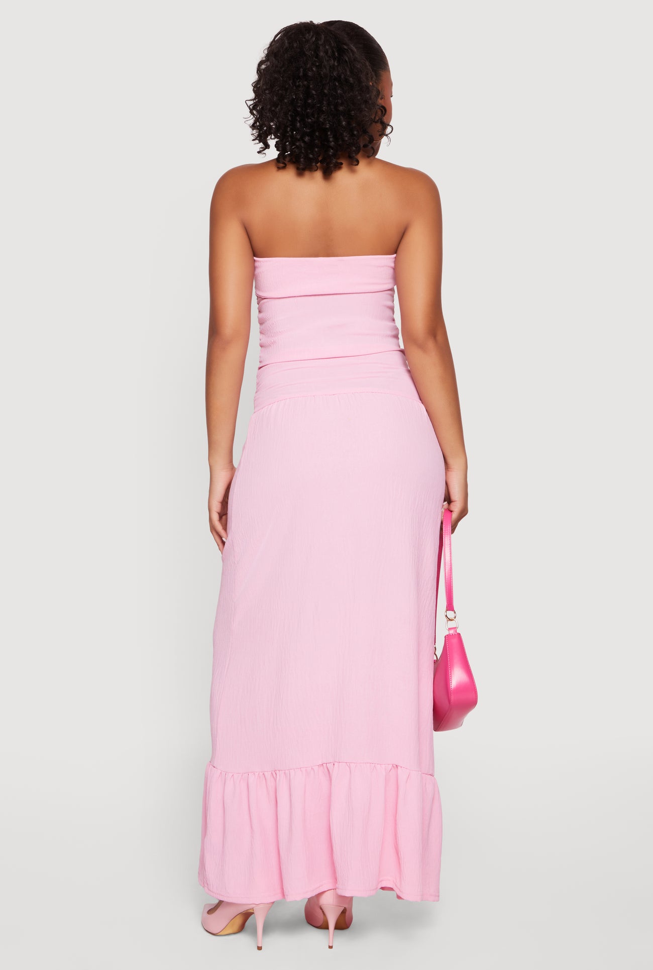 strapless ruched ruffle maxi dress in pink Ruched Side Ruffle Hem Maxi Tube Dress