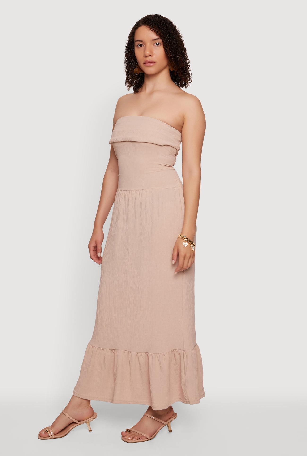 Ruched Side Ruffle Hem Maxi Tube Dress