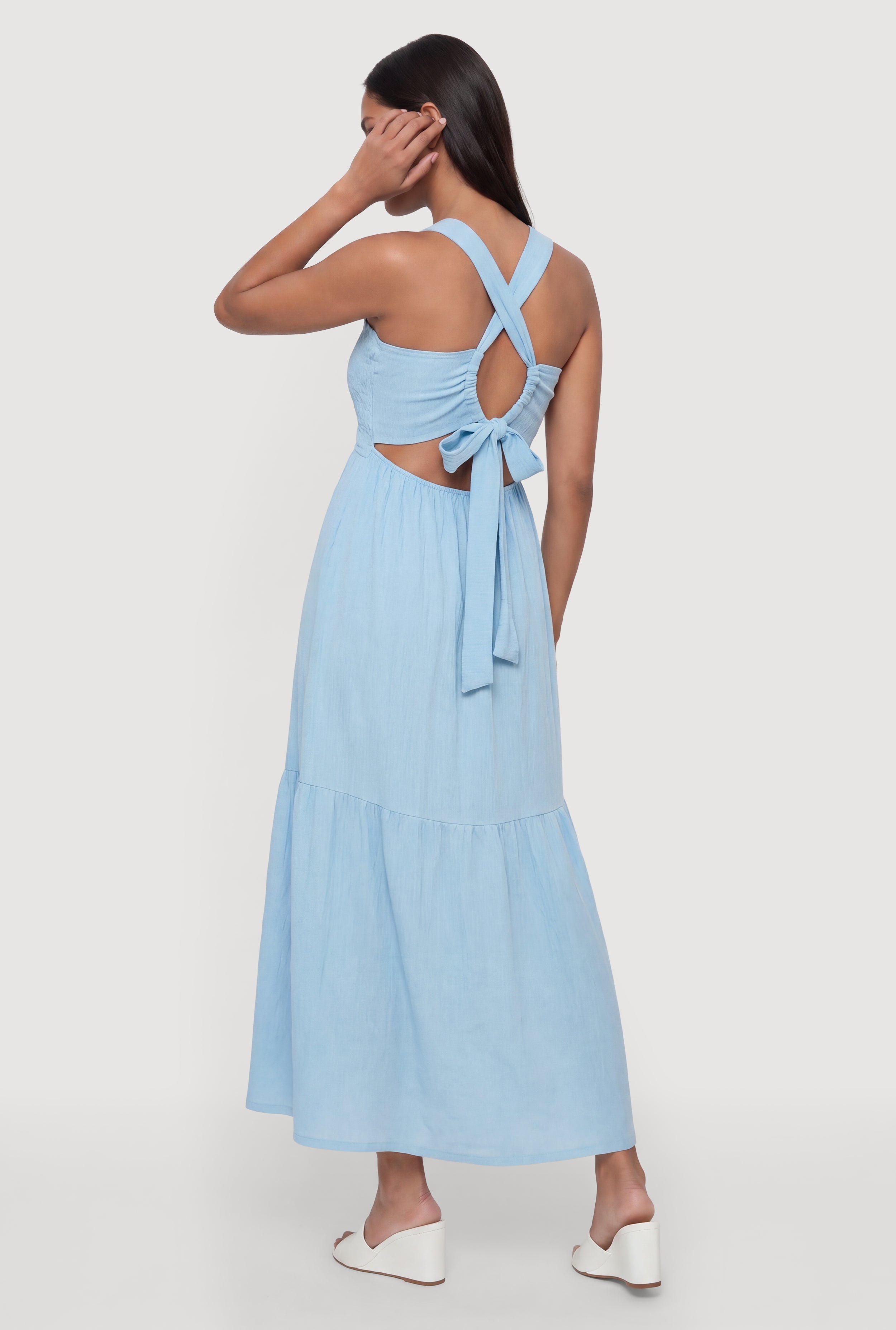 Tie Back Keyhole Detail Ruffle Tiered Midi Dress
