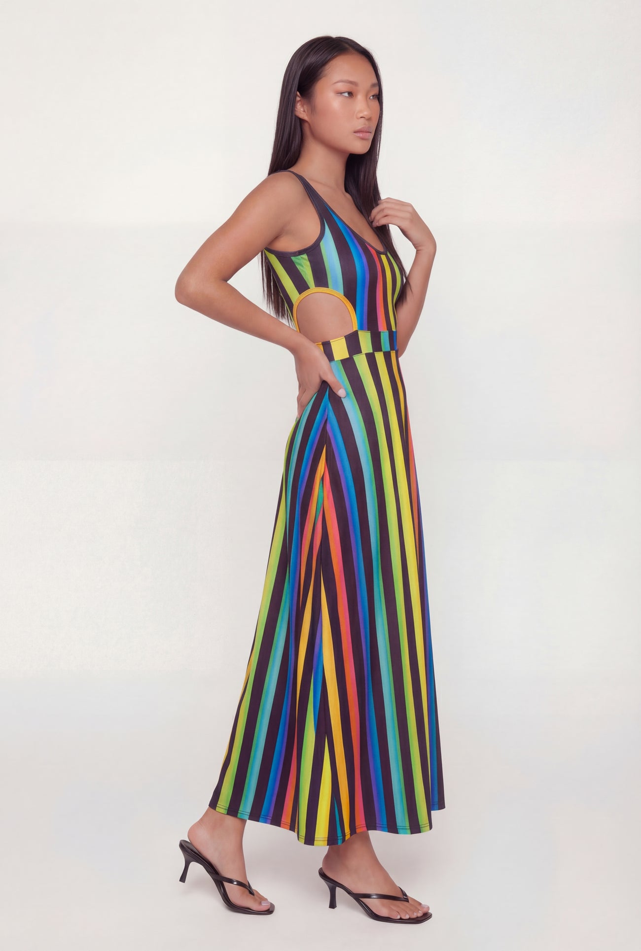 rainbow maxi dresses Rainbow Stripe Cut Out Detail Maxi Dress