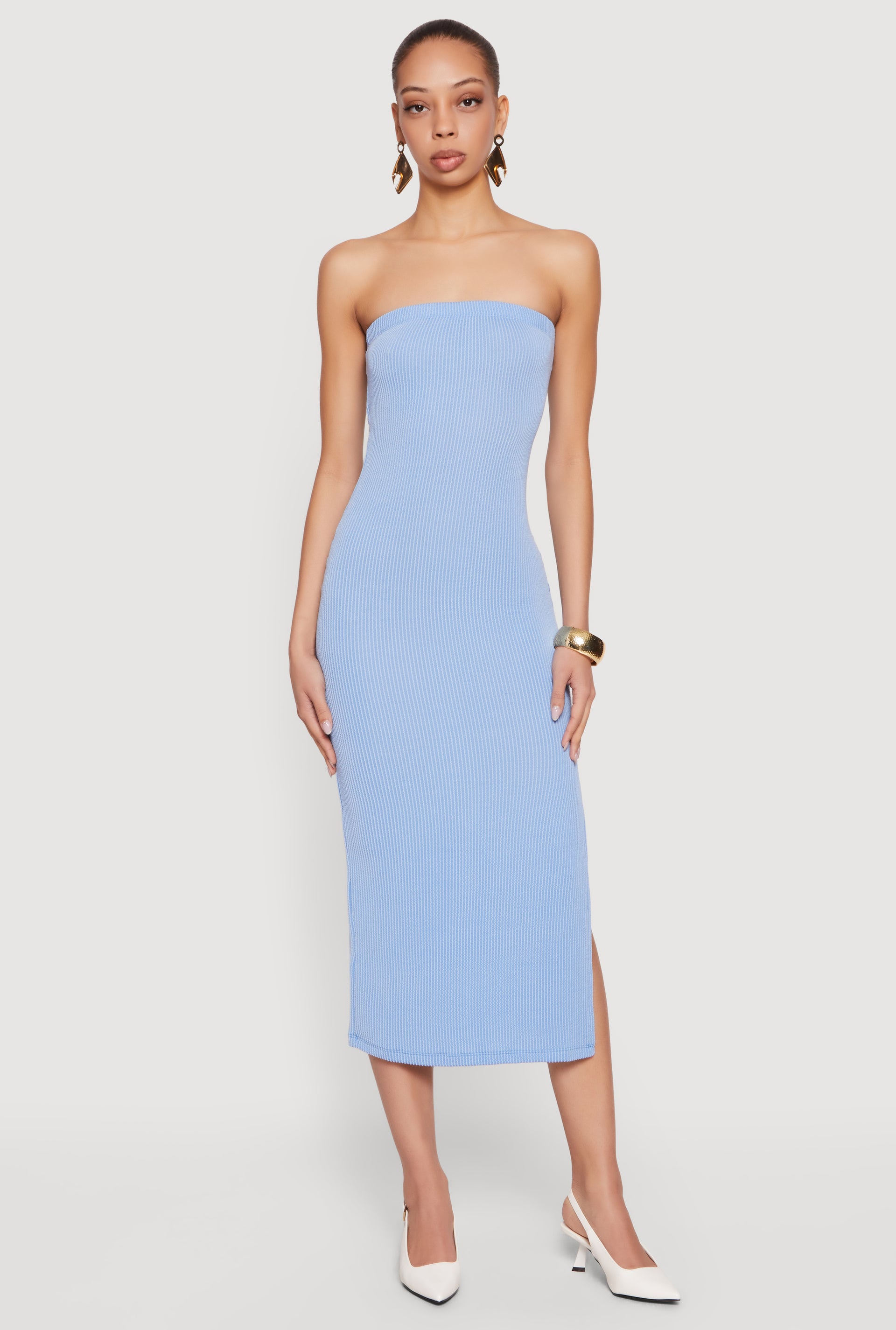 light blue ribbed midi dress Ribbed Knit Side Slit Midi Tube Dress with Keyhole Back