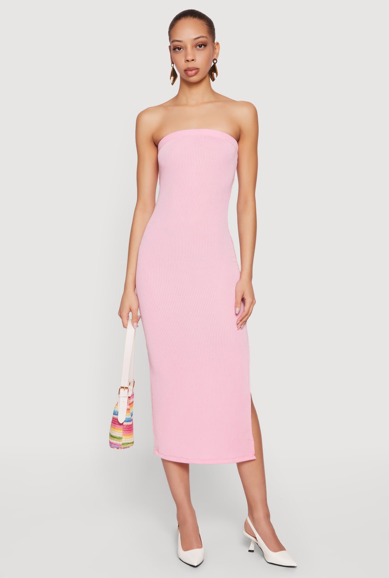 Womens Ribbed Knit Side Slit Midi Tube Dress with Keyhole Back, Pink, Size L Womens Ribbed Knit Side Slit Midi Tube Dress with Keyhole Back, Pink, Size L