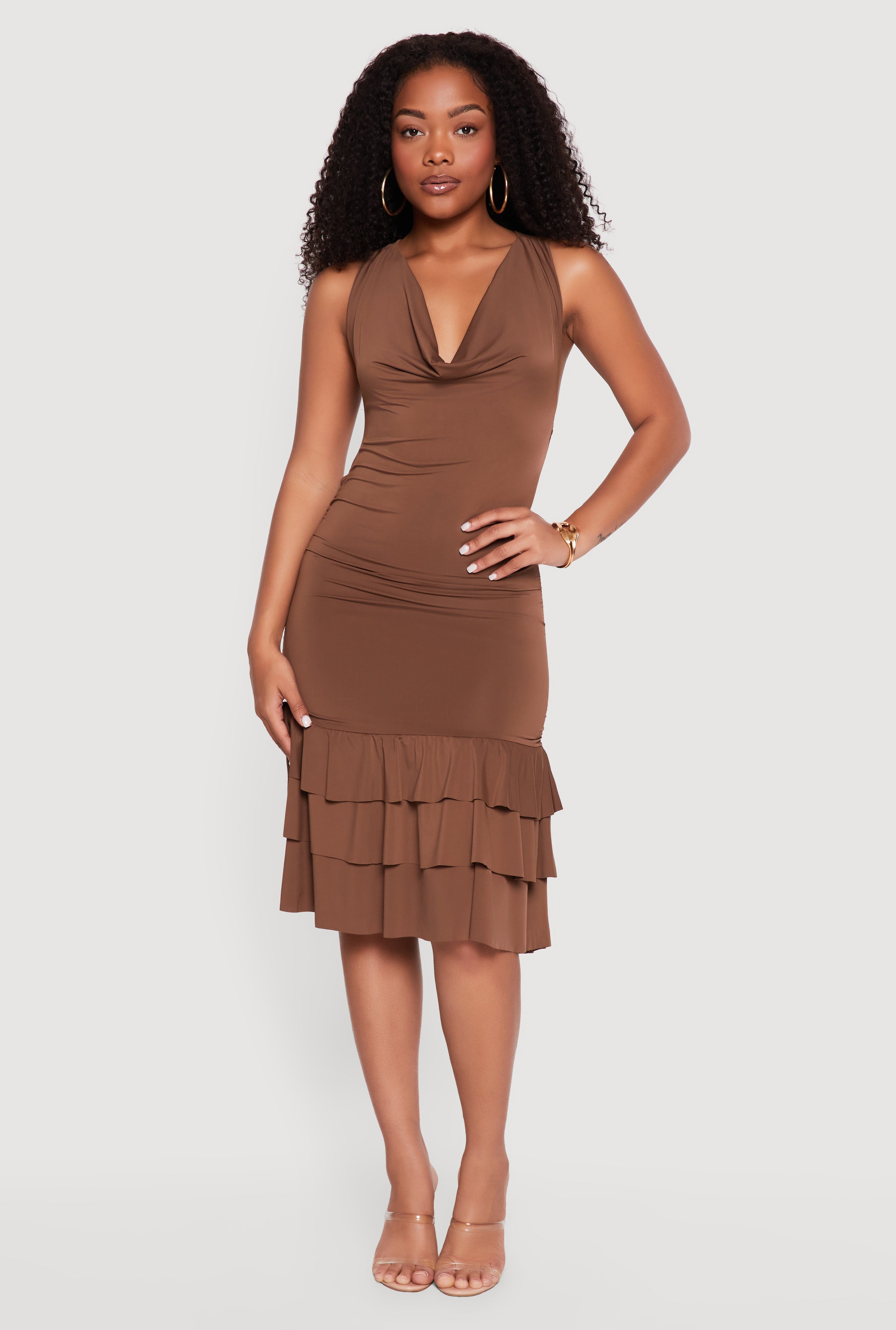 Cowl Halter Neck Tiered Ruffle Hem Midi Dress