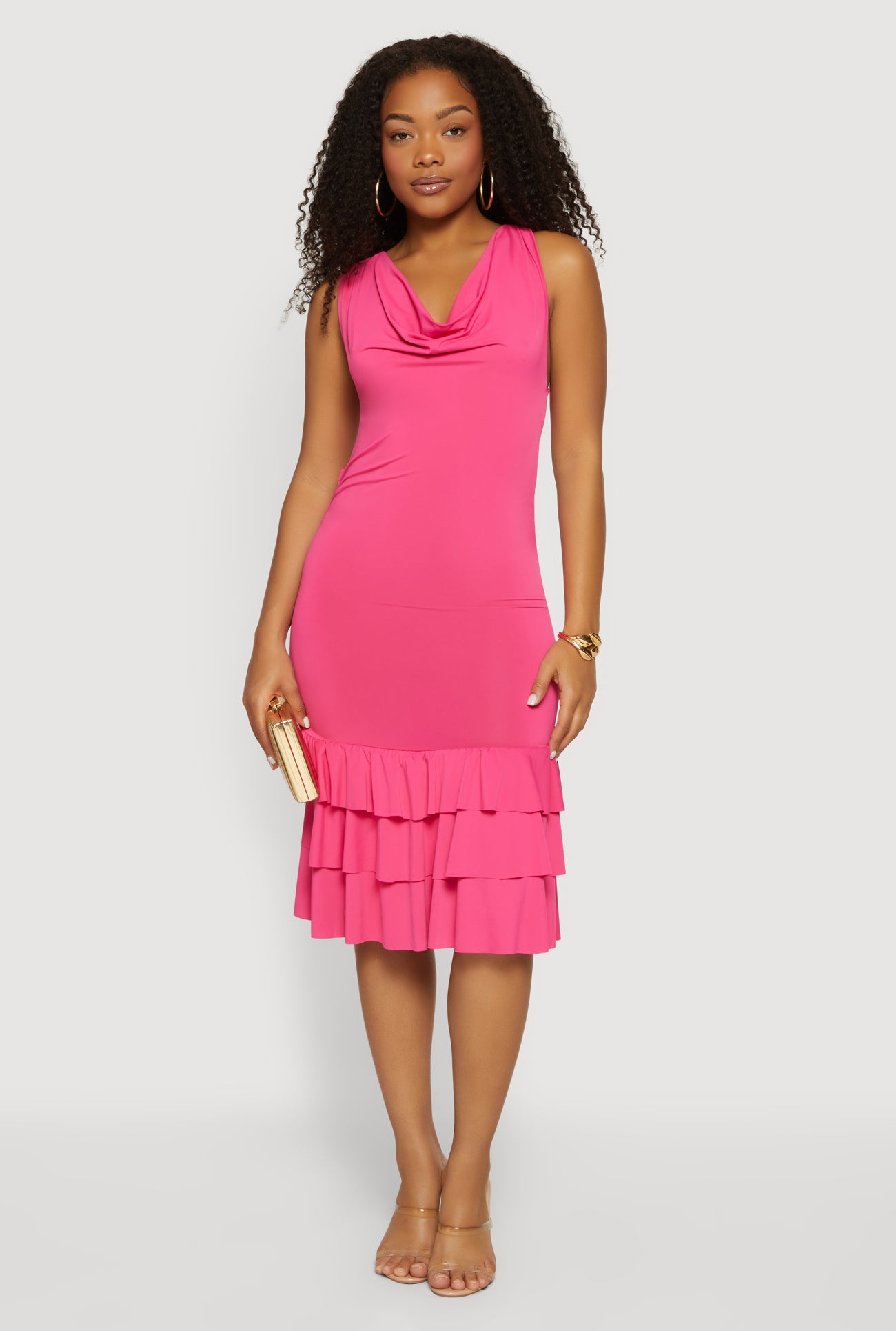 Cowl Halter Neck Tiered Ruffle Hem Midi Dress - BROWN / S Cowl Halter Neck Tiered Ruffle Hem Midi Dress - BROWN / S