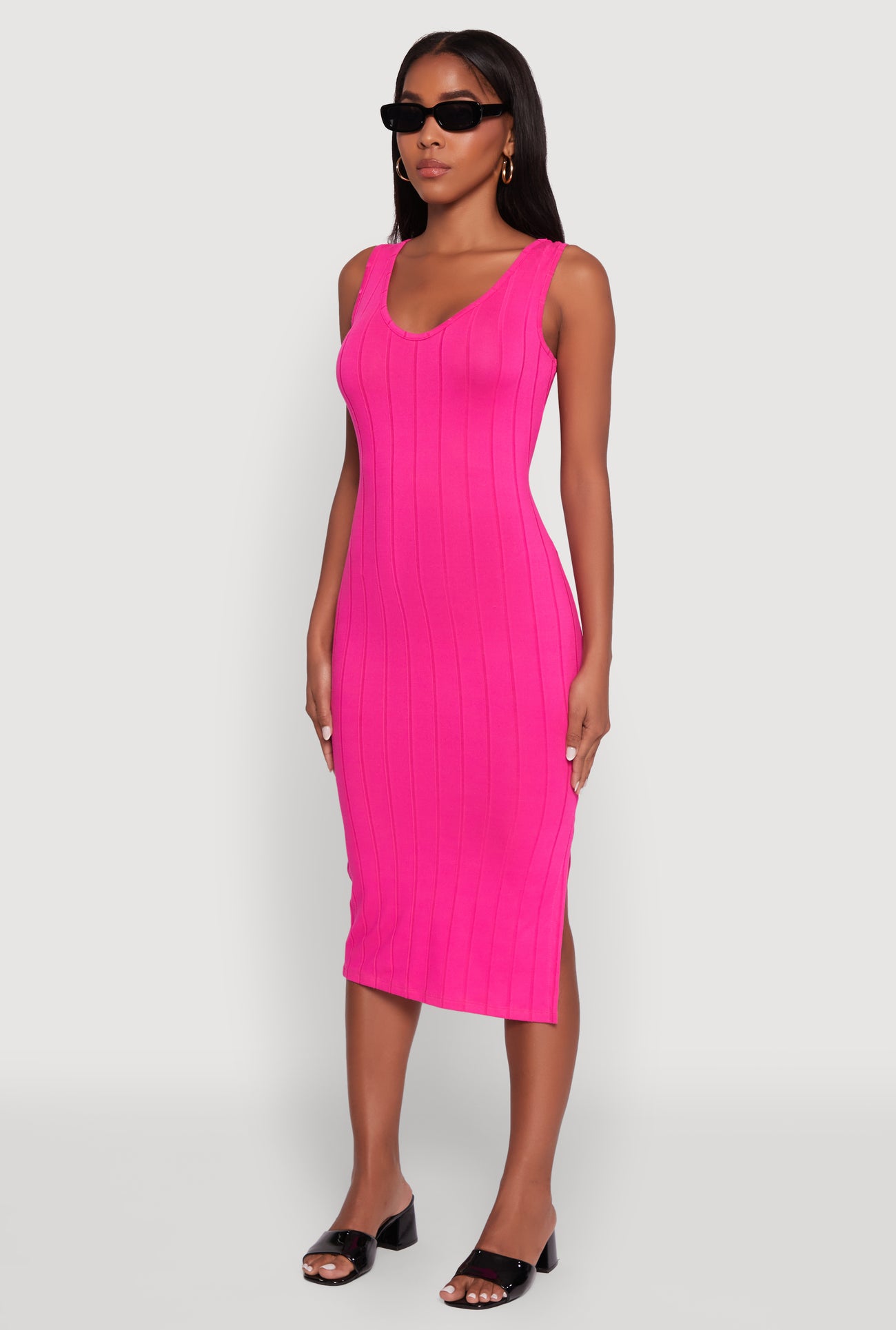 Trendy Rib Knit V-Neck Side Slit Tank Dress