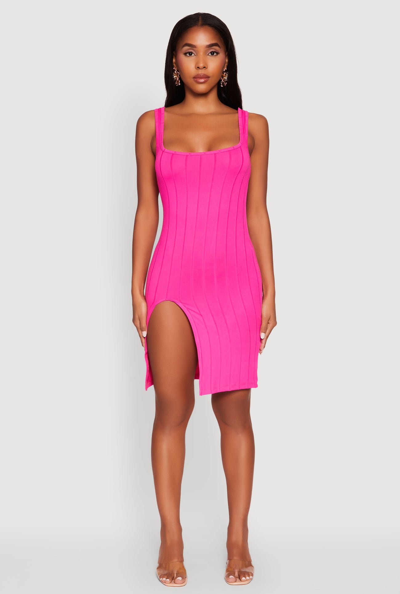 Trendy Ribbed Knit Square Neck Sleeveless Dress