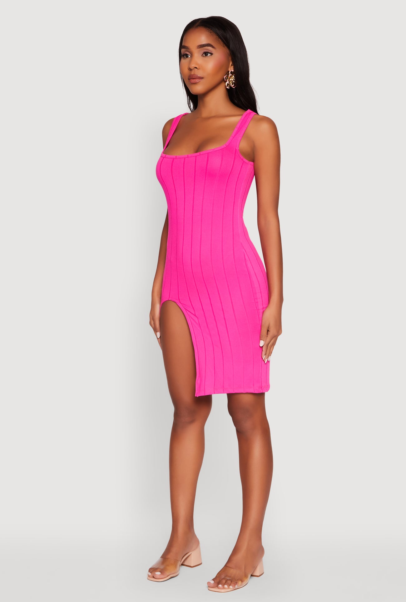 Trendy Ribbed Knit Square Neck Sleeveless Dress