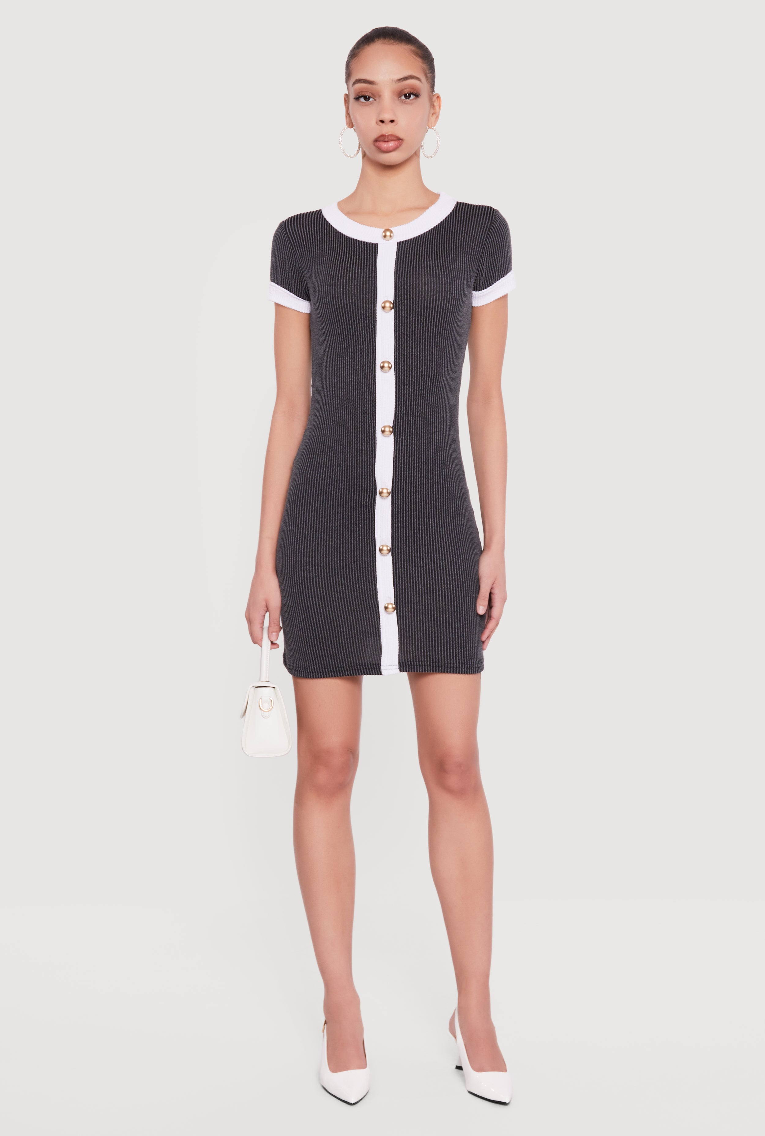 Contrast Trim Ribbed Knit Mini Dress with Faux Buttons