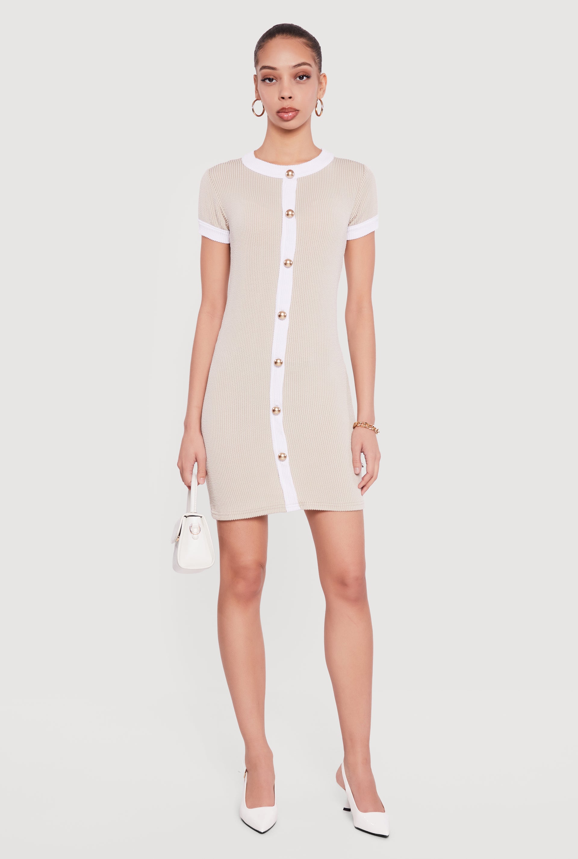 contrast trim button down knitted dress CONTRAST TRIM BUTTON FRONT KNIT MINI DRESS