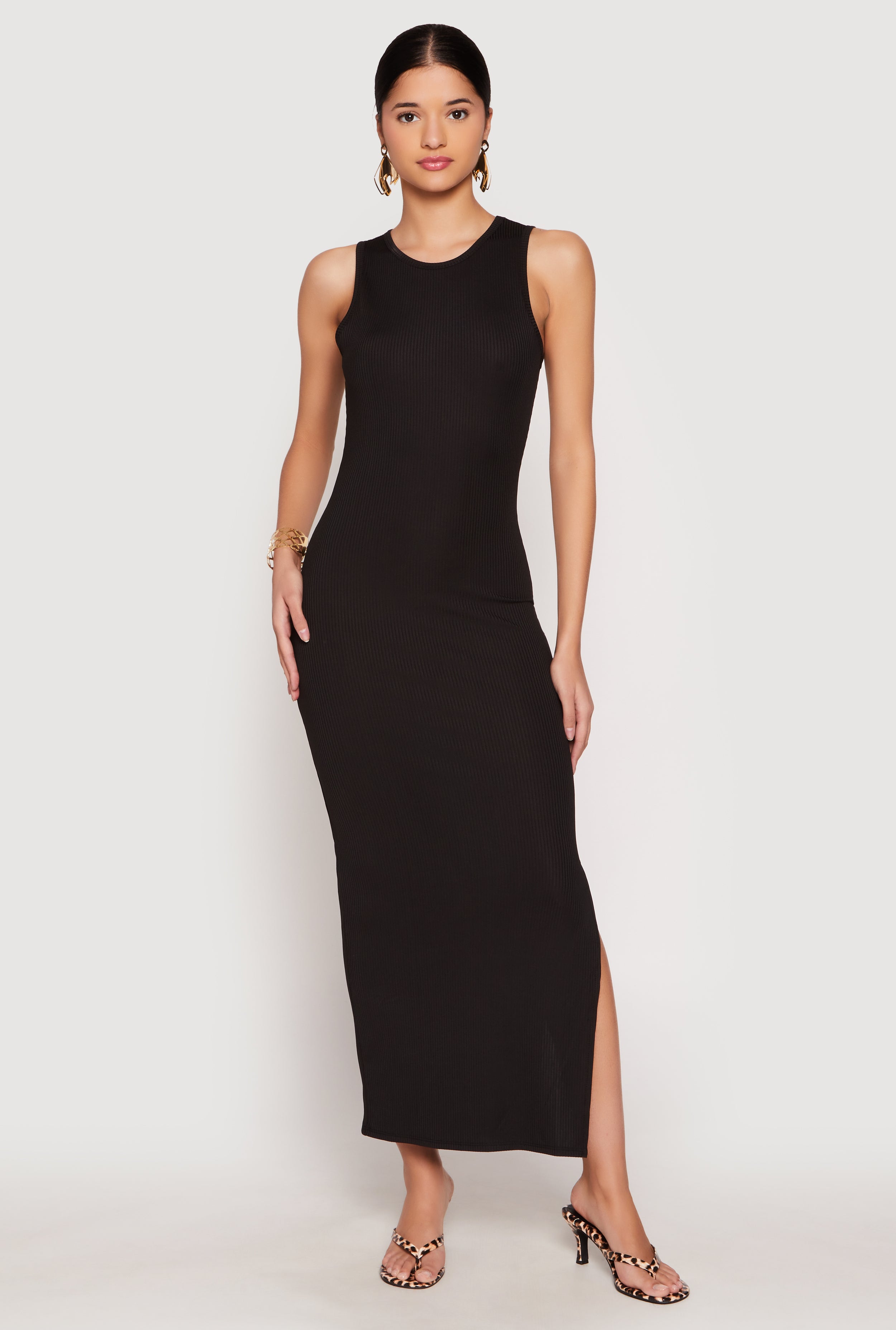Ribbed Knit Side Slit Tank Maxi Dress