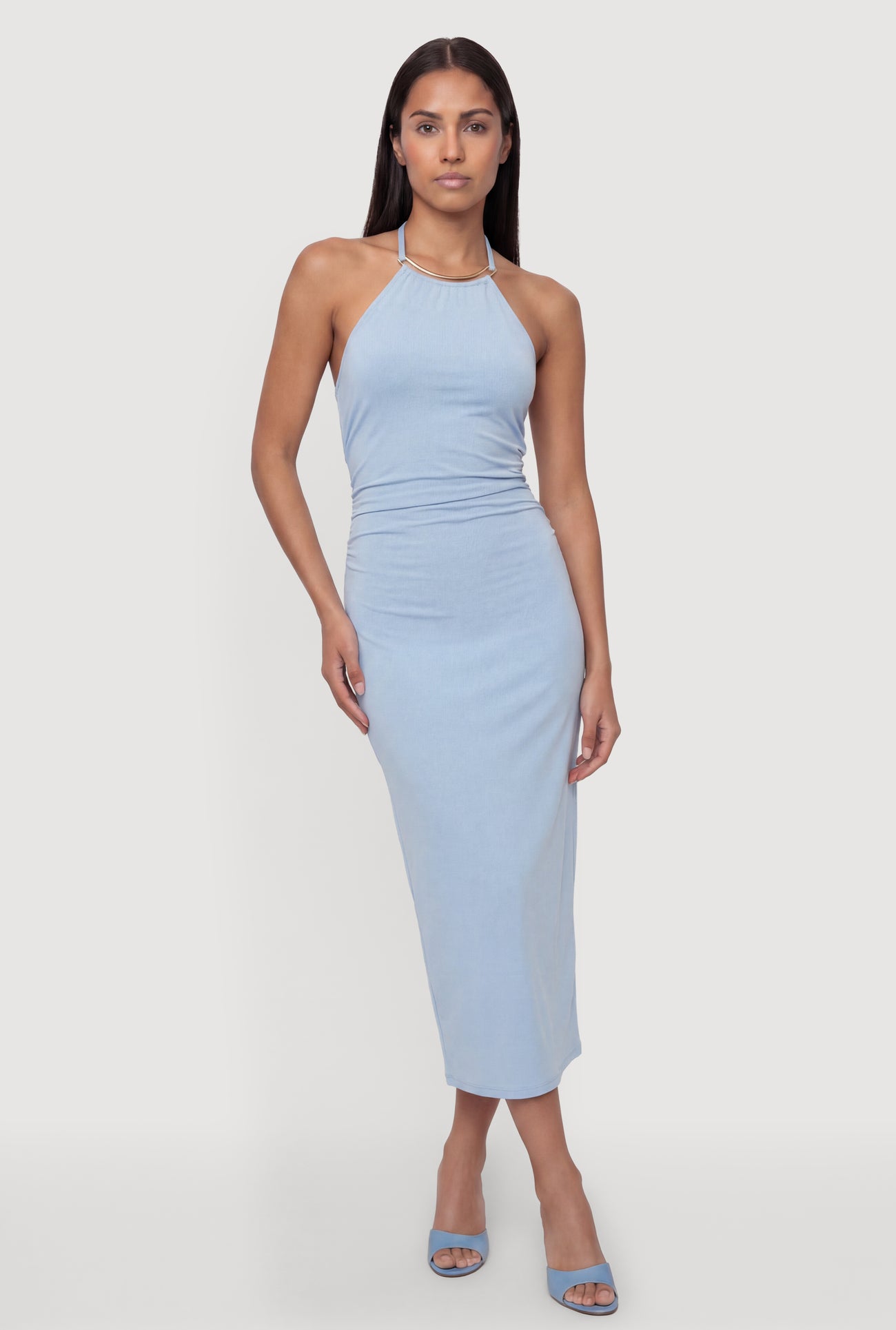 Metallic Neck Detail Side Ruched Midi Dress Metallic Neck Detail Side Ruched Midi Dress
