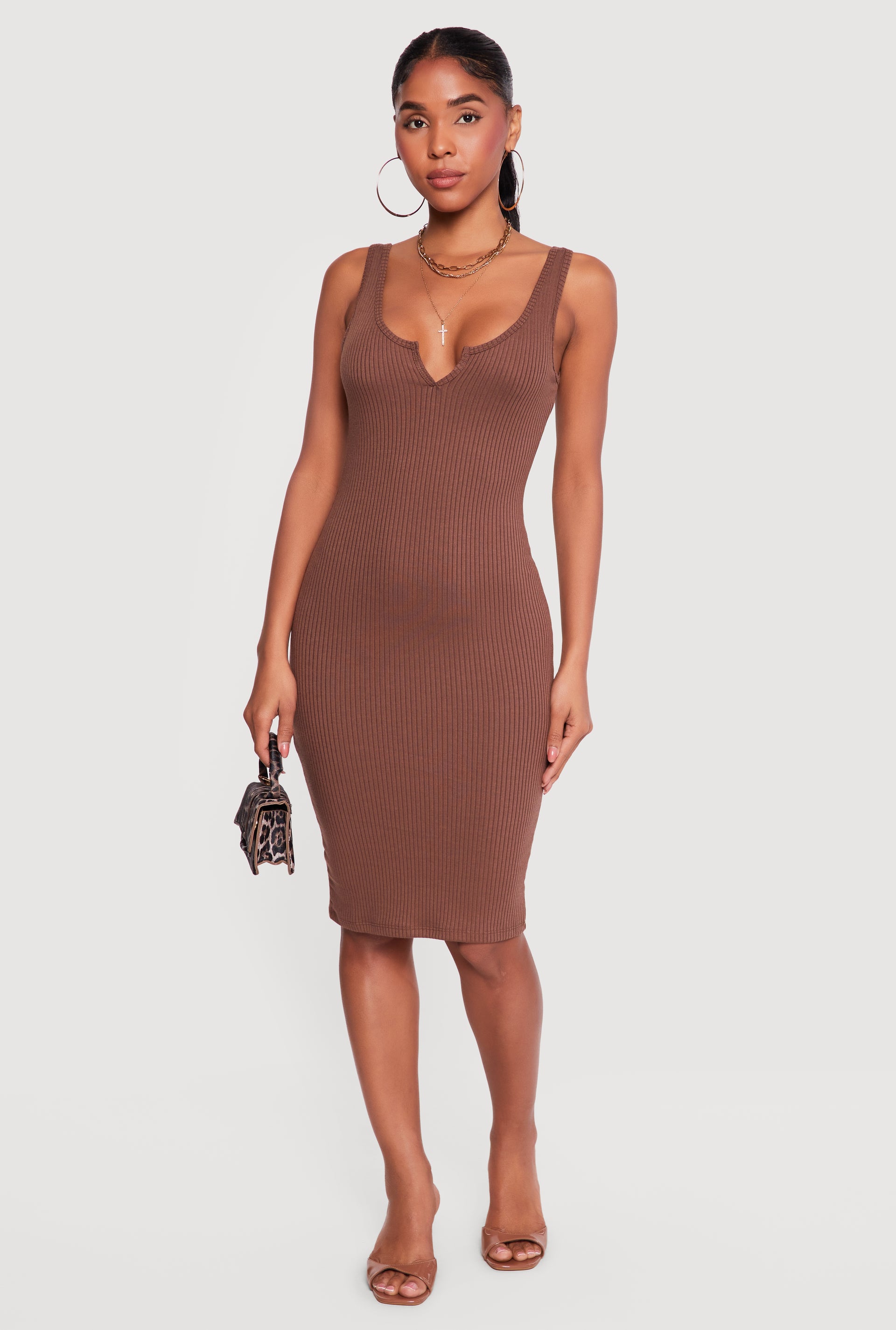 nakd ribbed dress Womens Rib Knit Notch Neck Tank Midi Dress, Sage, Size M