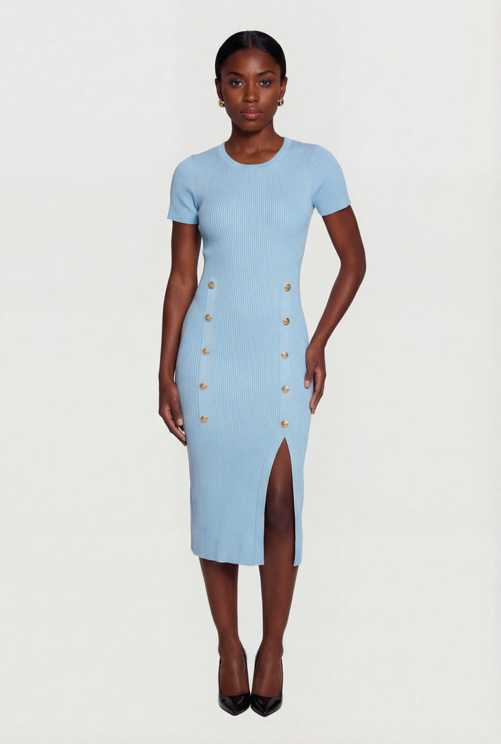 Ribbed Knit Short Sleeve Midi Dress with Faux Buttons
