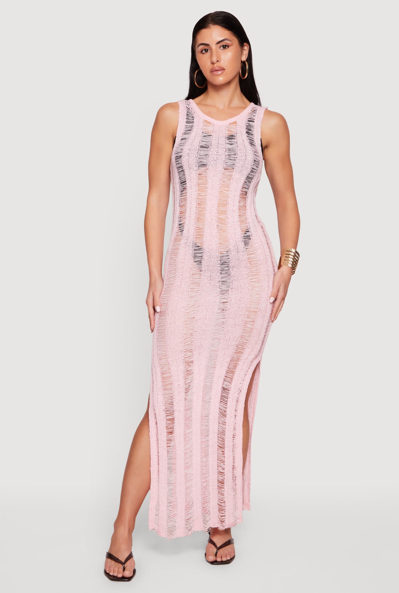 crochet striped maxi dress Crochet Shadow Stripe Side Slit Maxi Dress
