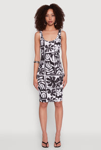 Scoop Neck Leaf Print Midi Dress