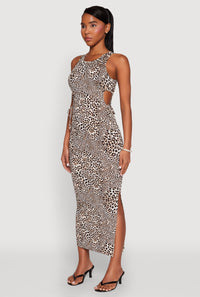 Drawstring Side Cut Out Leopard Print Maxi Dress
