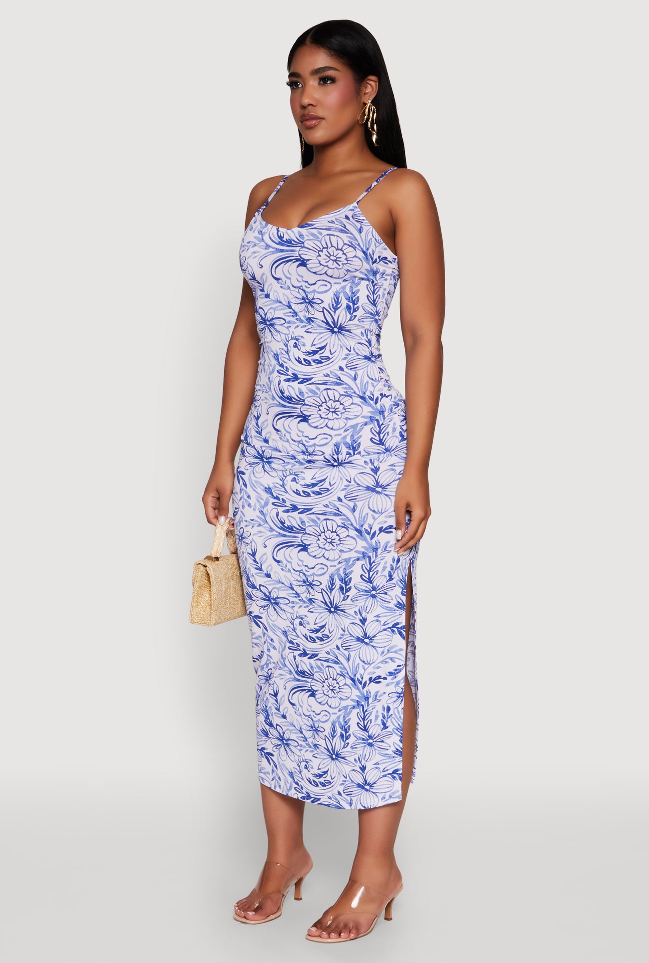 Side Slit Flower Print Cami Maxi Dress