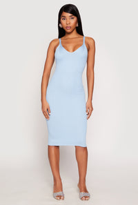 Ribbed Knit V Neck Midi Dress