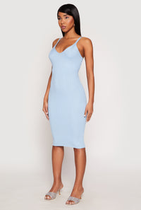 Ribbed Knit V Neck Midi Dress