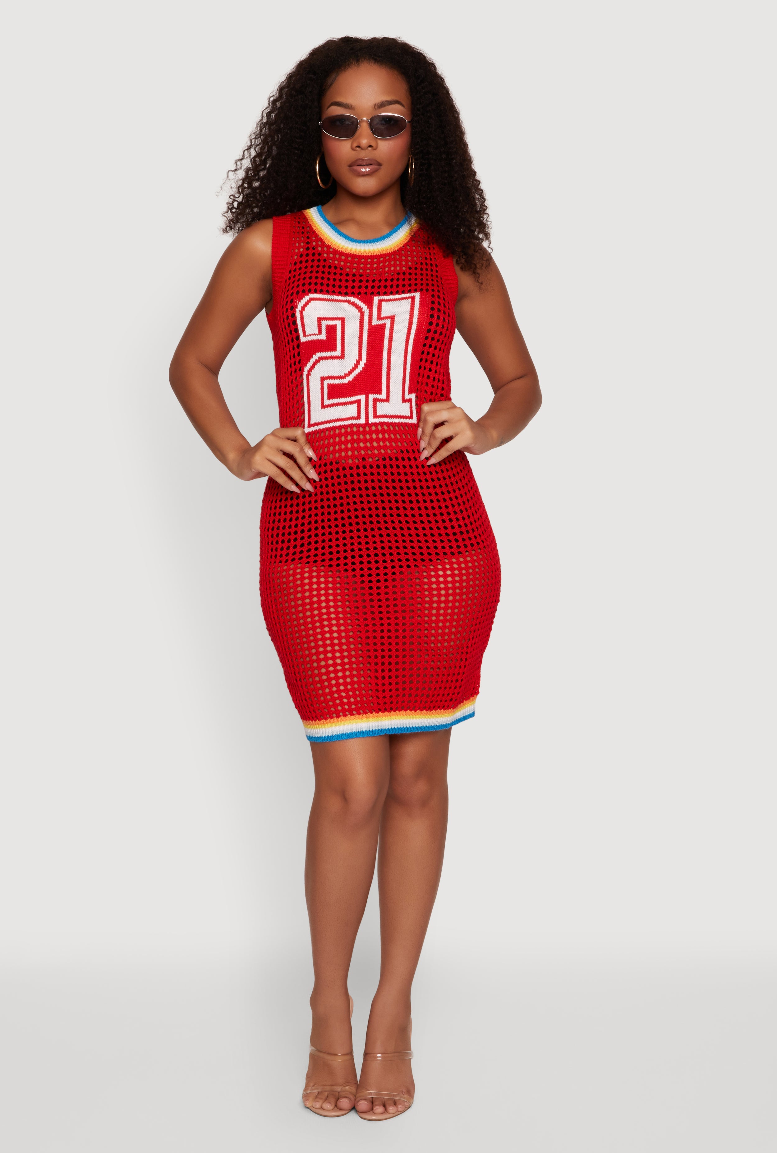 Number Graphic Rainbow Trim Crochet Midi Dress