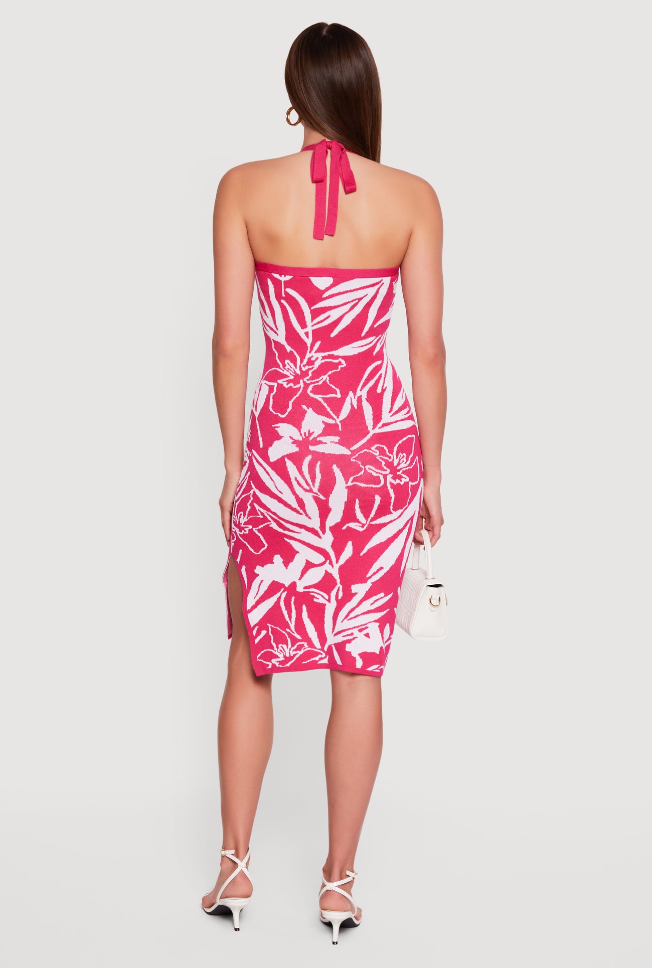 floral side split backless halter dress SHEIN VCAY Floral Print Split Thigh Halter Neck Backless Dress